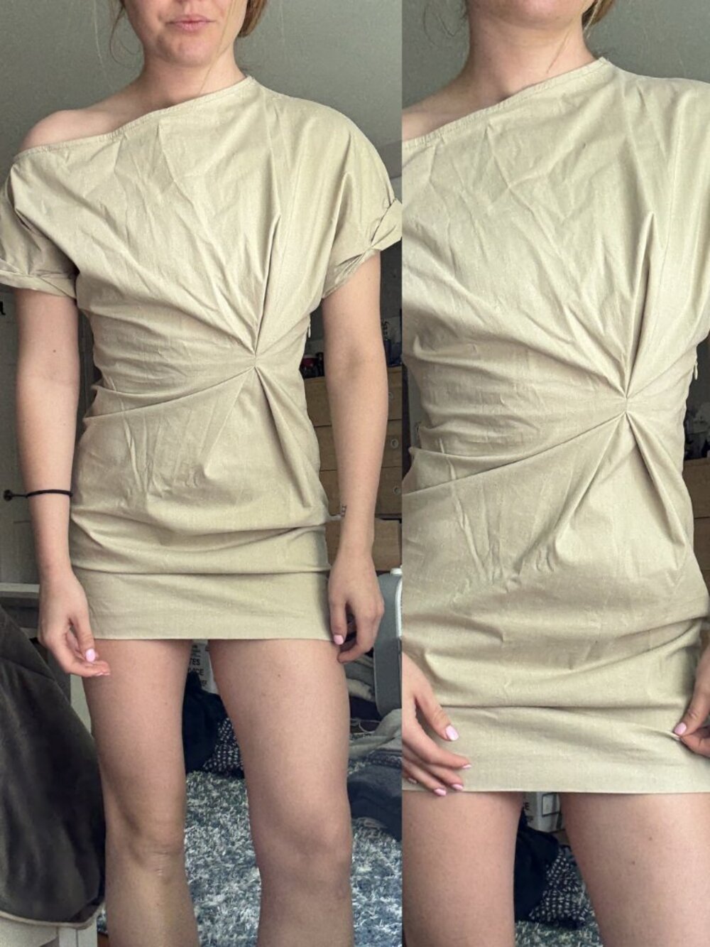 Zara Muted Sage Green Twist Front Off the Shoulder Mini Dress